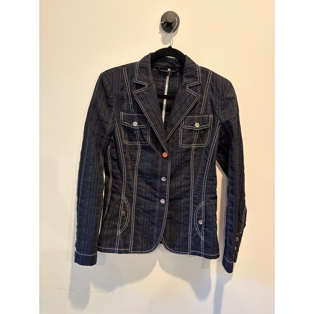 Basler Womens Navy Blue Pinstripe Blazer Contrast Stitch Jacket Size 34 US 4